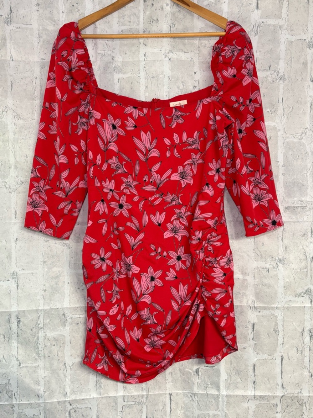 Camila Coelho Lidia Red Mini Dress with Pink Floral Print